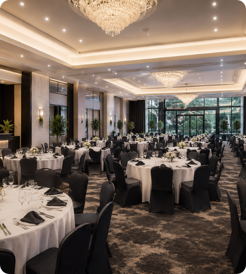 Spacious elegant banquet hall featuring round tables, black chairs, white table linens, crystal chandeliers, and sophisticated event décor with large windows.