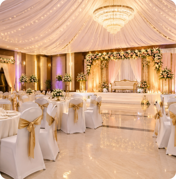 Elegant wedding reception hall with white and gold decorations, floral backdrop, chandeliers, and decorated dining tables