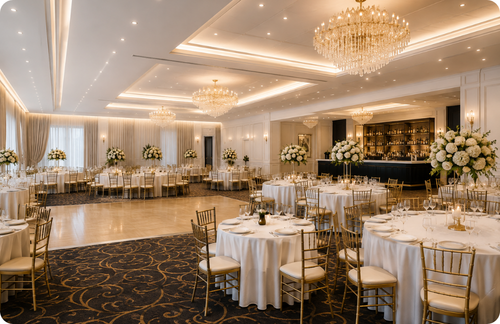 Elegant luxury banquet hall with round dining tables, gold chairs, floral centerpieces, chandeliers, and sophisticated wedding reception décor.