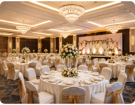 Luxury wedding banquet hall with elegant round tables, floral centerpieces, chandeliers, and white and gold decor