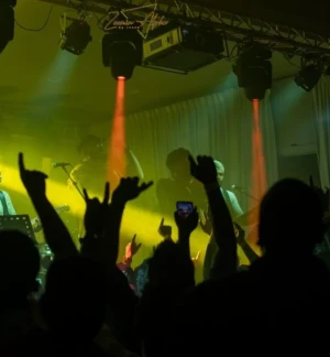 Crowd dancing at a concert illuminated by bright yellow stage spotlights.