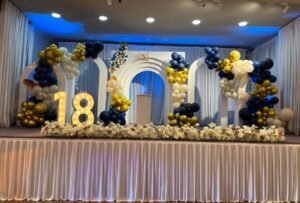 An 18th birthday party stage decorated with white arches, blue, gold, and white balloons, light-up "18" numbers, and white flowers.